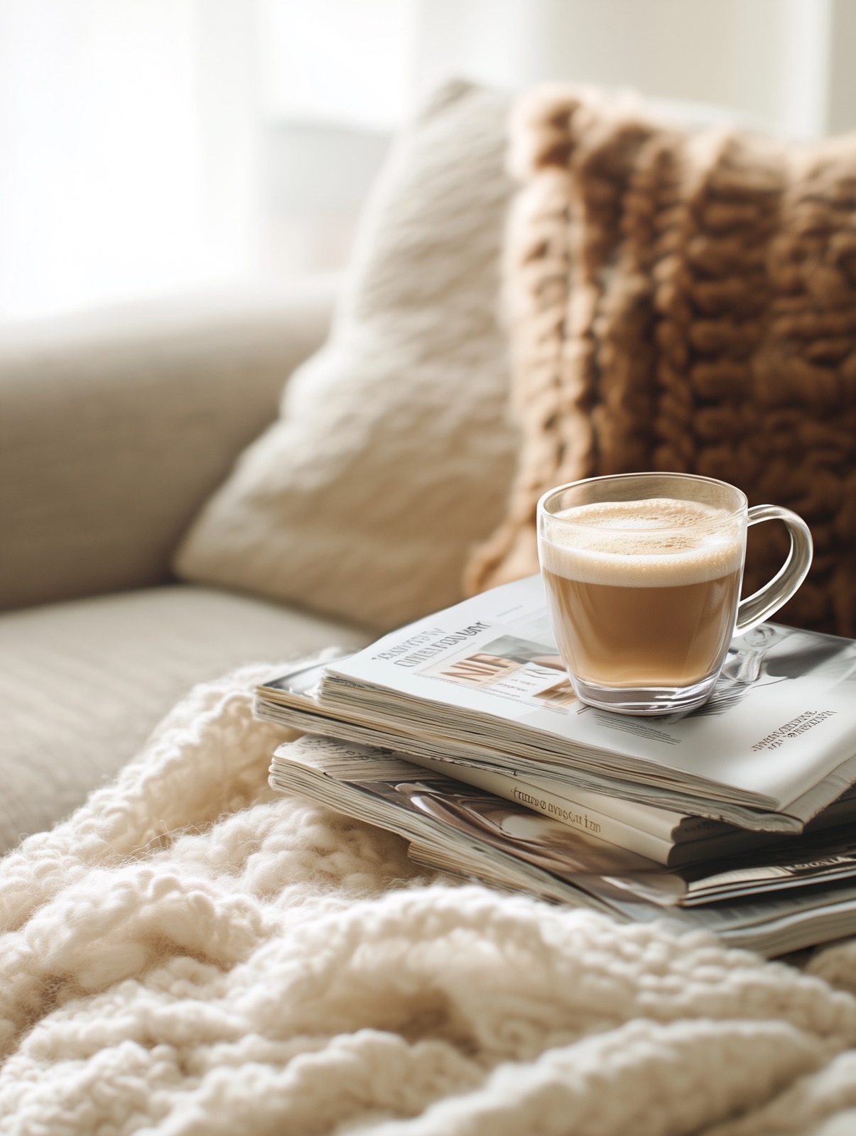 Coffee cup resting on a magazine, a quiet moment of rest